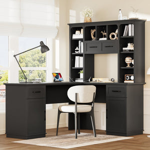 English Elm L-shaped computer desk with ample storage 11 shelves, 3 cabinets, 2 drawers, flip-up shelf for workspaces Black W1580S00189