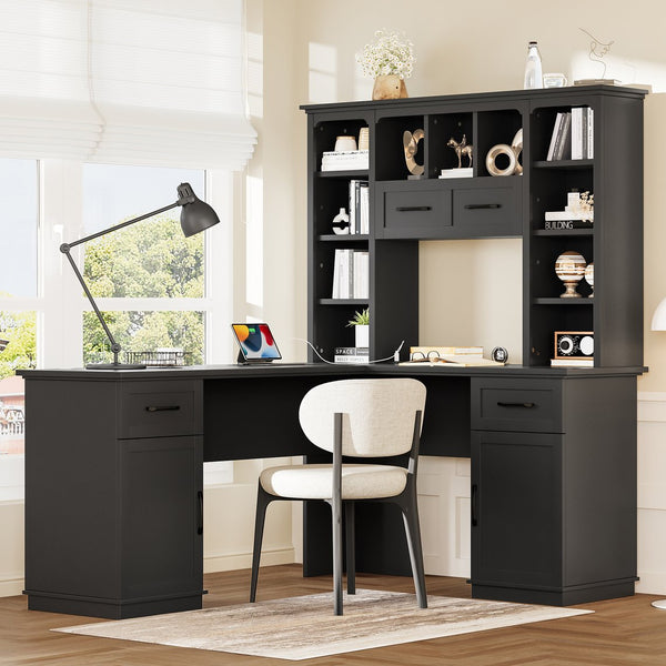 English Elm L-shaped computer desk with ample storage 11 shelves, 3 cabinets, 2 drawers, flip-up shelf for workspaces Black W1580S00189