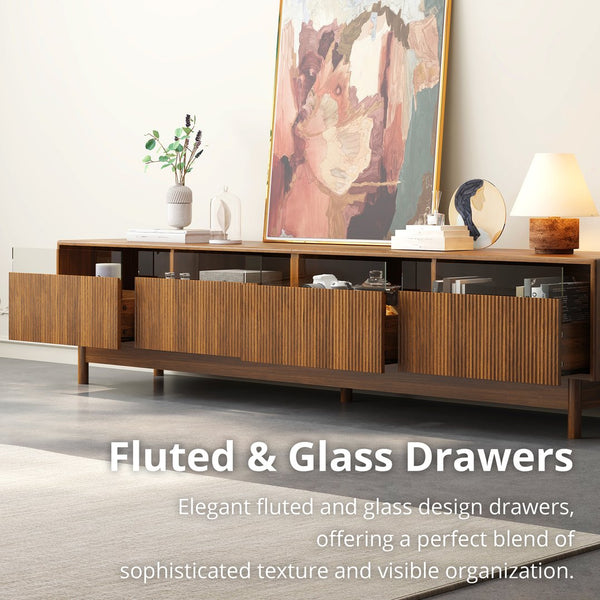 English Elm 78inch TV Stand Walnut for up to 85" TVs — Fluted Glass Drawers, Cable Management, Solid-Wood Legs PMID N710P362197P