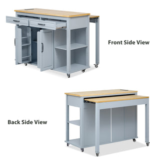 English Elm K&K 47 Inch Kitchen Island with Extendable Dining Table, Rolling Storage Cabinet, Built-In Power Grey+Blue N707P215327G