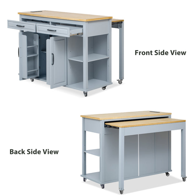 English Elm K&K 47 Inch Kitchen Island with Extendable Dining Table, Rolling Storage Cabinet, Built-In Power Grey+Blue N707P215327G