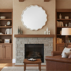 English Elm White 36 Inch Wavy Round Solid Wood Frame Mirror – Rustic Boho Decorative Wall Mirror for Home Vanity W2203P389085