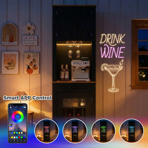 English Elm Bar Cabinet Farmhouse 69 Inch with Rgb Led Barn Door Wine Rack and Charging Station Black N728P438603B