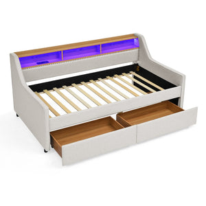 English Elm Twin Size Upholstered Sofa Bed With Led Lighting, Wireless Charging & Storage Drawers In Beige W1413S00056-GIGA