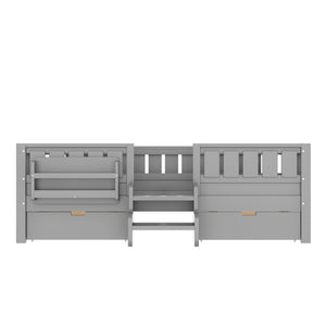 English Elm Twin Kids Storage Bed with Bookshelf Headboard Safety Staircase and Under Drawers Gray W1580P379185