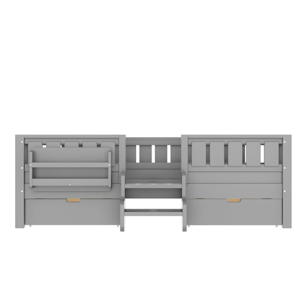 English Elm Twin Kids Storage Bed with Bookshelf Headboard Safety Staircase and Under Drawers Gray W1580P379185