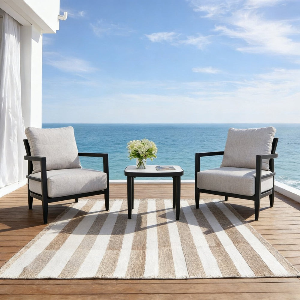 English Elm 3pc Outdoor Aluminum Chat Set Sintered Stone Table Sunbrella Cushions Patio Lounge W1886S00038