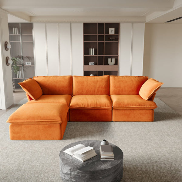 English Elm Sky Cloud Sectional Sofa with Cloud-Like Comfort, Modular L-Shaped Velvet Seating, Removable Covers, Storage Ottoman Orange B341S00020