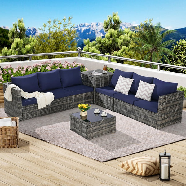 English Elm 6 6-Piece Wicker Patio Sectional Set with Tempered Glass Coffee Table, Weather-Resistant Rattan Sofa Dark Blue W874S00030