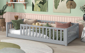 English Elm Twin Solid Rubberwood Floor Bed with Full Perimeter Safety Rails for Toddler Rooms Grey W504P296793