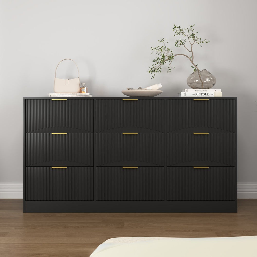 English Elm Black Nine Drawer Wide Dresser Matte Wood Chest with Wavy Relief Panels Bedroom Storage Black W409P307541