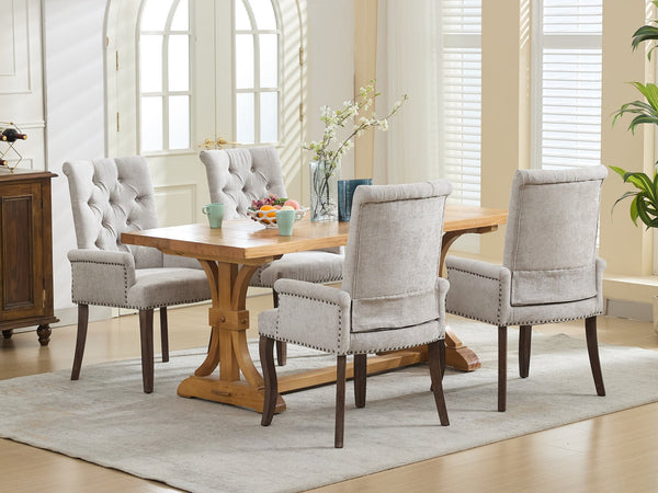English Elm Upholstered Chenille Dining Chair with Hand-Tufted Back, Curved Solid Wood Legs, Comfortable Armseat Beige W1143P346927