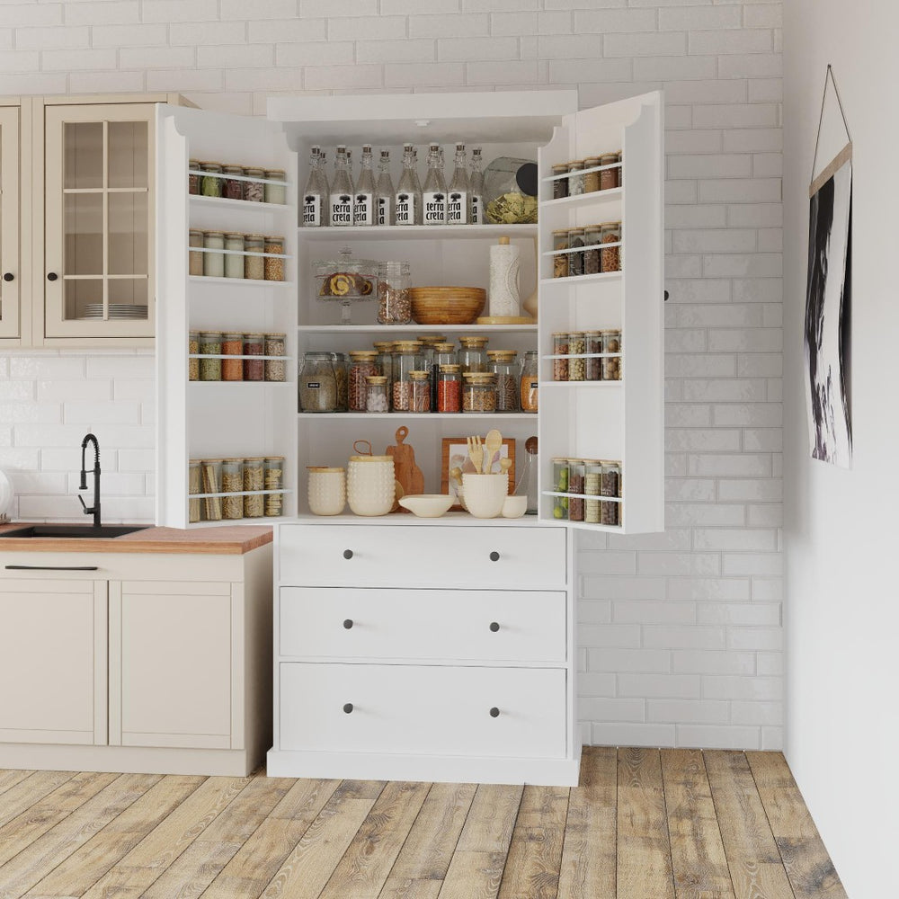 English Elm Topmax Tall Farmhouse Pantry Cabinet with Drawers Adjustable Shelves White Kitchen Storage N717S000047K