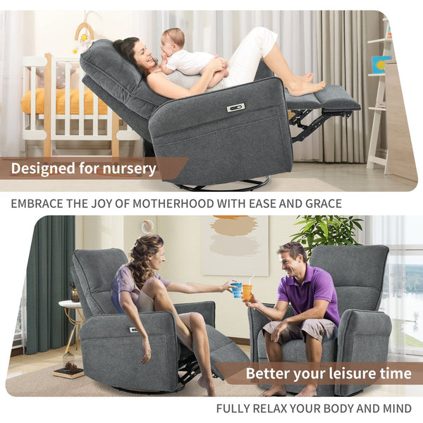 English Elm 270° 270° Power Swivel Recliner Chair with USB Ports, 30° Rocking, 95–150° Recline for Small Spaces Dark Gray W1028S00050