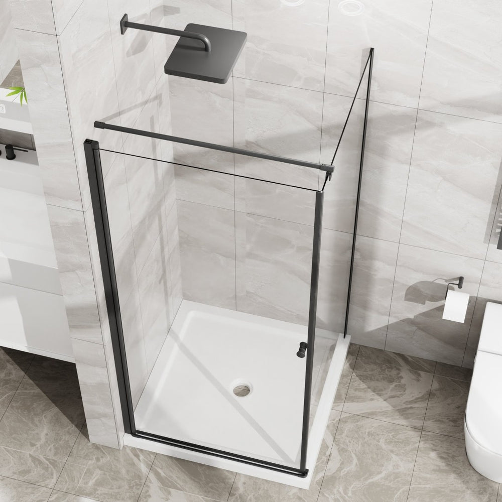 English Elm Goodyo Frameless Corner Shower Stall Tempered Glass Pivot Door with Matte Black Hardware W1223S00038