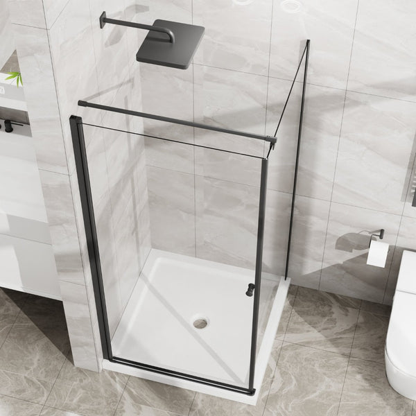 English Elm Goodyo Frameless Corner Shower Stall Tempered Glass Pivot Door with Matte Black Hardware W1223S00038