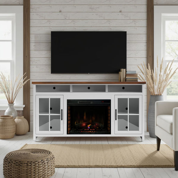 English Elm 74 Rustic Fireplace TV Stand Console for TVs up to 85", Two-Tone Jasmine Whitewash & Barnwood Finish with Electric Fireplace Insert and Cable Management B108P160229