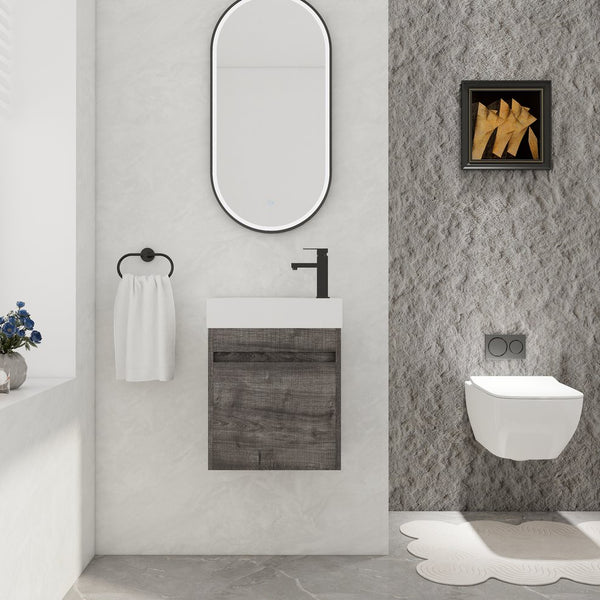 English Elm 18'' Floating Wall Vanity with Resin Sink, Open Shelf Storage, Eco-Friendly Plywood, Soft-Close Door Plaid Grey Oak W99936248