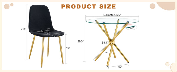 English Elm 4-Piece Modern Luxe Dining Set: 36.6'' Round Glass Table & Black-Gold Chairs For Stylish Spaces W1151S03682