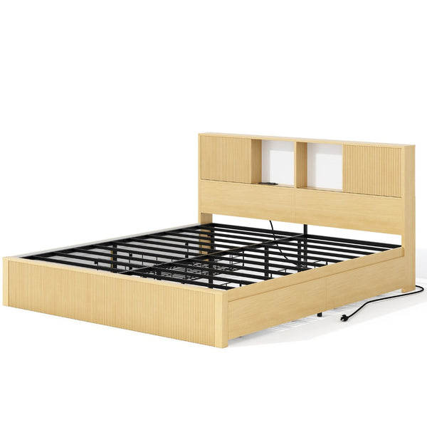 English Elm Queen Storage Bed Oak Finish Sliding Barn Door Headboard with Built-in Charging T3773P417198