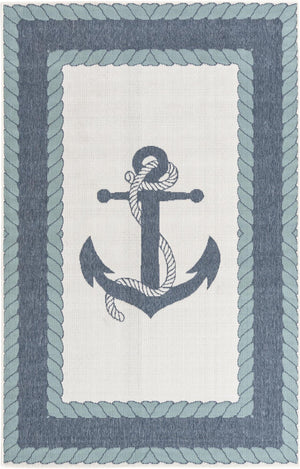 Unique Loom Outdoor Coastal Anchor Machine Made Border Rug Navy Blue, Light Blue/Ivory 5' 3" x 8' 0"