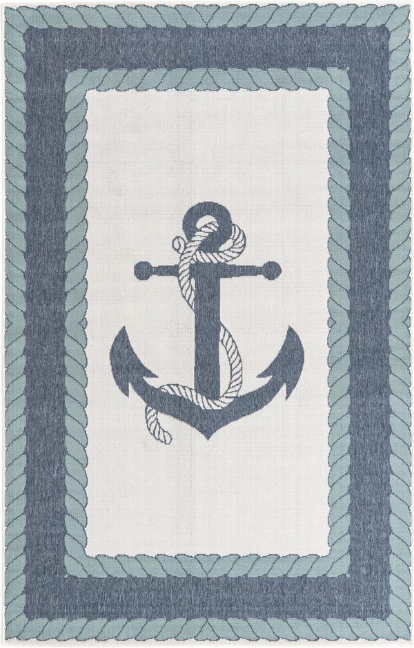 Unique Loom Outdoor Coastal Anchor Machine Made Border Rug Navy Blue, Light Blue/Ivory 5' 3" x 8' 0"