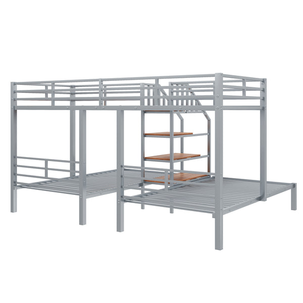 English Elm Metal Triple Bunk Bed Space-Saving Twin over Twin & Twin Design with Staircase Storage Shelves, Durable Metal Frame Silver GX001115AAN