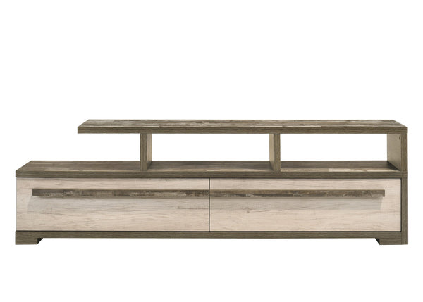 English Elm 1pc Mid-Century TV Stand 71.1" Wide Light Finish with Sliding Doors, Tapered Legs & Gold Handles Wood 74 L x 19 W x 22 H B2741P406265