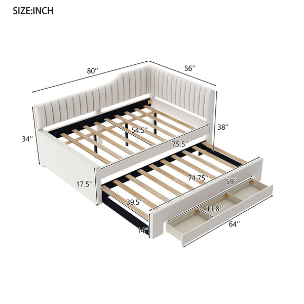 English Elm Full Upholstered Daybed with Trundle and Three Drawers, Linen-Blend Fabric, Space-Saving Guest Bed, Storage-Friendly Design Beige DL002058AAA