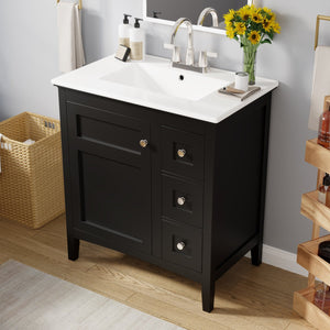English Elm 30 Inch Bathroom Vanity with Ceramic Sink and 3 Smooth-Glide Drawers, Modern Moisture-Resistant Storage Black N710P252105B