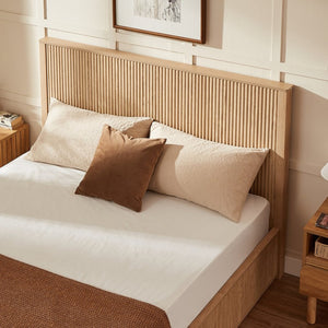 English Elm Natural Fluted Wood Platform Bed Minimalist Queen Frame with Tall Curved Headboard Oak W5219S00002
