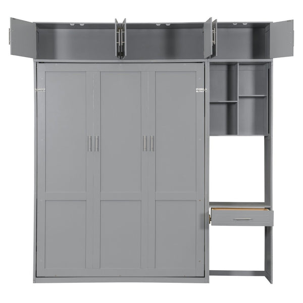 English Elm Queen Murphy Bed with Integrated Desk Cabinet Shelves Space Saving Studio Solution Gray N708S00021E-1