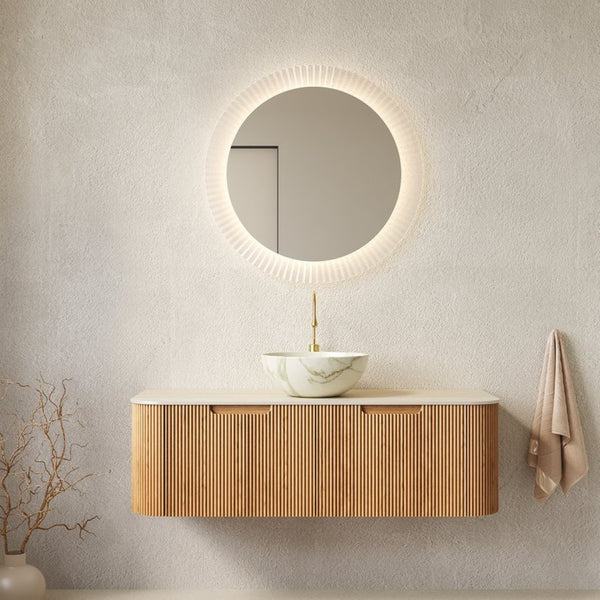 English Elm Dina Floating Bathroom Vanity with Crystal Glass Basin and Sintered Stone Top Beige,Natural Wood,White W2615S00700