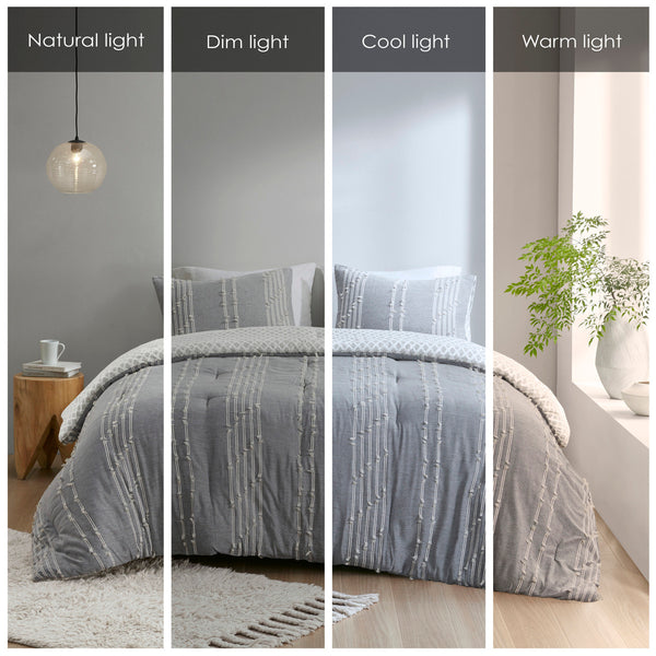 English Elm 3 INK+IVY Kara Cotton Jacquard Comforter Set Full/Queen – OEKO-TEX, reversible gray ivory, duvet-style finish, machine washable, 3-piece B03596432