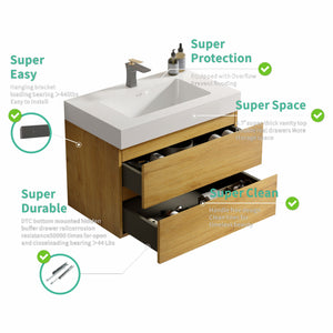 English Elm U040-Alice24-106 Alice 24" Natural Oak Wall-Mounted Bathroom Vanity with Integrated Basin, Soft-Close Drawers and Bevel Handle-Free Design W1865S00040