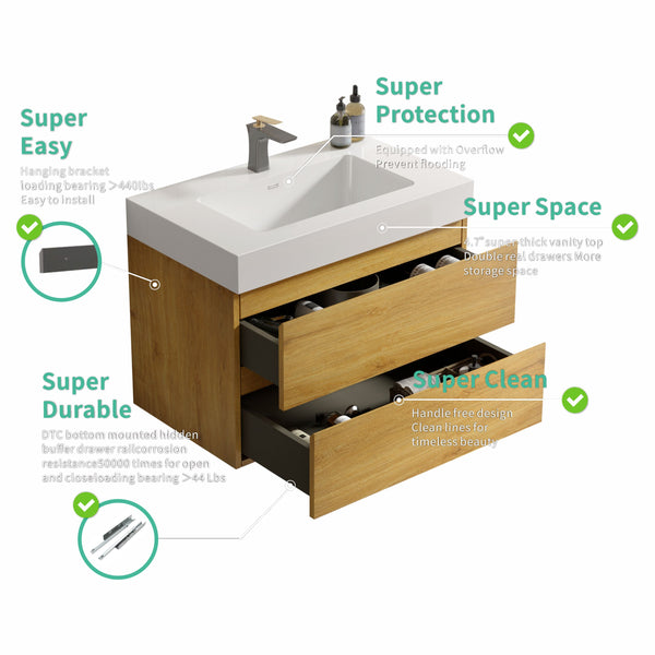 English Elm U040-Alice24-106 Alice 24" Natural Oak Wall-Mounted Bathroom Vanity with Integrated Basin, Soft-Close Drawers and Bevel Handle-Free Design W1865S00040