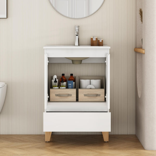 English Elm 24-inch Glossy White Bathroom Vanity Combo with Ceramic Sink and Solid Wood Feet W3151S00066