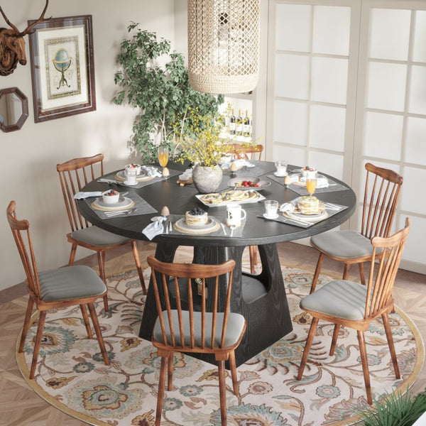 English Elm Round Farmhouse Dining Table 47 Inch Wooden Top with Lower Storage Shelf Seats Six Black W757P367147