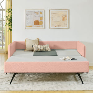 English Elm Daybed Boucle Upholstered Tufted Twin Trundle Sofa for Guest Bedroom Studio Lounge Pink W1413S00172