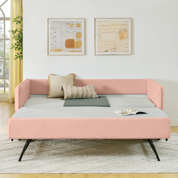 English Elm Daybed Boucle Upholstered Tufted Twin Trundle Sofa for Guest Bedroom Studio Lounge Pink W1413S00172