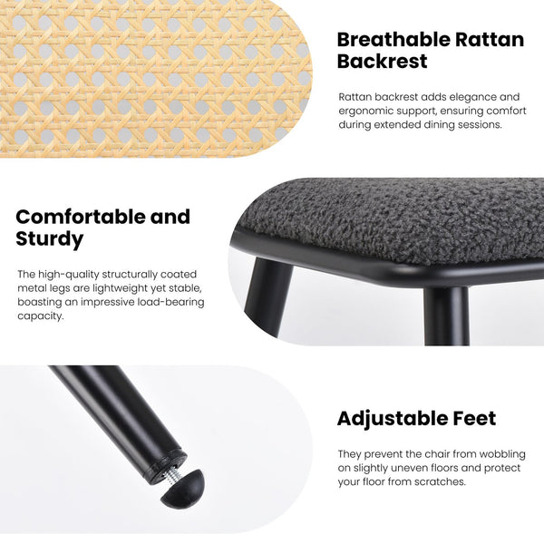 English Elm Dining Chairs Mid-Century Modern Rattan Backrest Bouclé Upholstered Metal Frame Comfortable Design DARK GREY T3623P379930