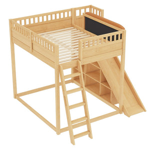 English Elm Full Size Kids Loft Bed Pine Frame Upholstered Headboard Built in Slide and Storage Shelves Natural W1580S00306
