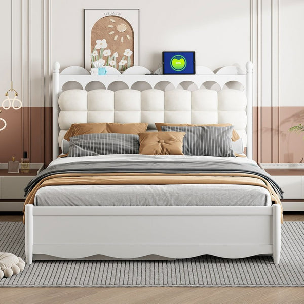 English Elm Queen Size Wooden Storage Platform Bed With Trundle, Usb Ports, And Spacious Drawers In White N820S00038K-GIGA