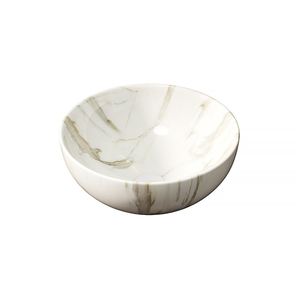 English Elm 14'' Round Ceramic Vessel Sink Matte White Stone Veined Vitreous Bowl Vanity Top W2615P375261