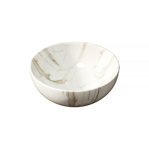 English Elm 14'' Round Ceramic Vessel Sink Matte White Stone Veined Vitreous Bowl Vanity Top W2615P375261