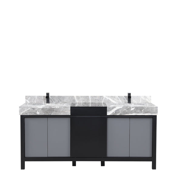 English Elm Black Double Bath Vanity 72" W With Castle Grey Marble Top & Matte Black Faucet – Elegant Storage Solution B2731P261115