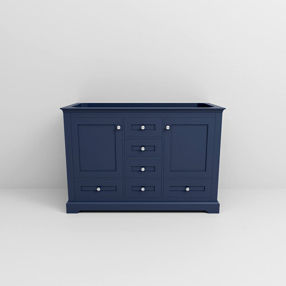 English Elm Navy Double Bath Vanity 48" W x 22" D — Solid Wood 2-Cabinet 6-Drawer Vanity, Soft-Close, Open Shelf, Fully Assembled B2731P258186
