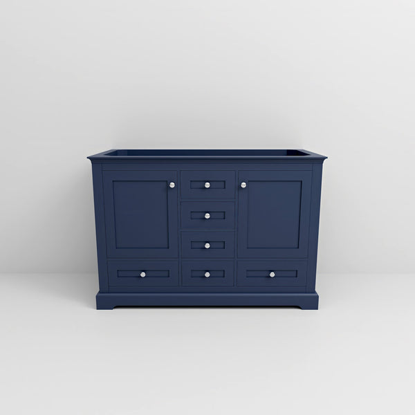 English Elm Navy Double Bath Vanity 48" W x 22" D — Solid Wood 2-Cabinet 6-Drawer Vanity, Soft-Close, Open Shelf, Fully Assembled B2731P258186