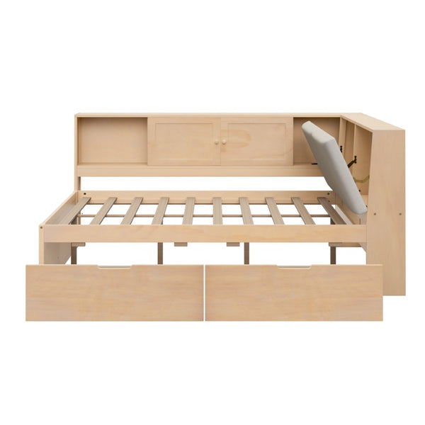 English Elm Wooden Full Size Corner Daybed Pine Frame Bookcase Storage Drawers Usb Charging BS701P337654N