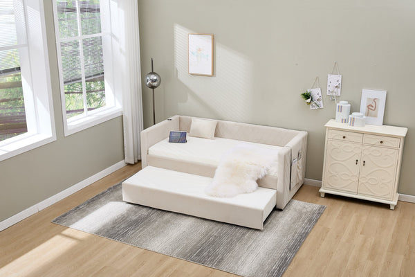 English Elm Beige velvet daybed with diamond-grid pull-out trundle, modern sturdy wood frame for guests and lounge W1361S00031